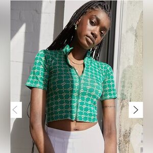 iets Frans x Urban Outfitters Geo Print Cropped Zip Front Top, Sz M, Green Beige